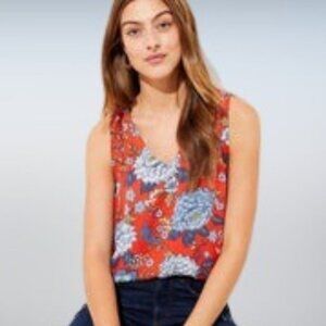 Loft Red Floral V Neck Sleeveless Top Blouse Petite Medium